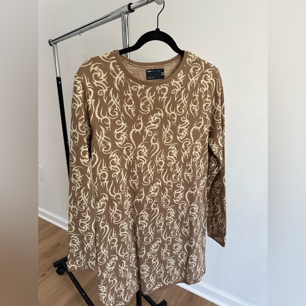 Tan and Cream Patterned Sweater Dress